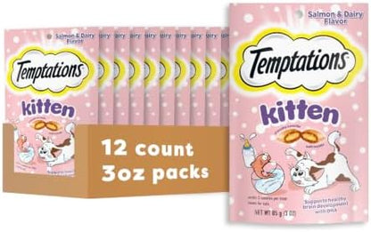 Temptations Kitten Crunchy and Soft Cat Treats, Salmon & Dairy, 3 oz, 12 pk