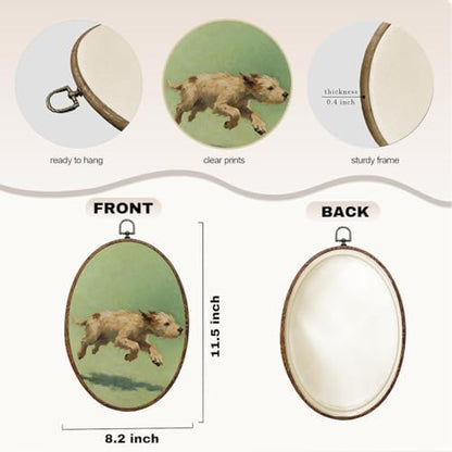 Vintage Dog Oval Framed Wall Art, Dog Lover Gifts Canvas Art Wall Decor，Cute Cottage Hanging Decor Painting Artwork for Home Bedroom Bathroom Hallway Living Room Office Decorations 8.3x12inch