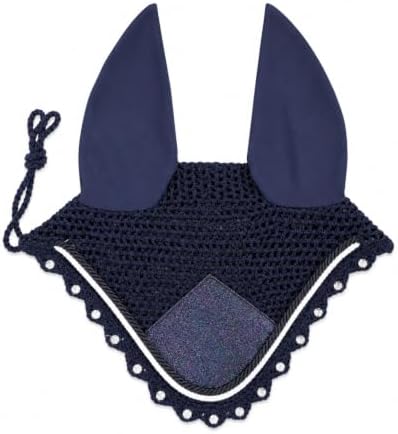 Horse Ear Bonnet for Horses – Handmade Crochet Fly Veil with Crystal Stones, Glitter Patch, Breathable Stretch Ears, Horse Fly Bonnet Ear Bonnet for Riding (Navy Blue, Pony)