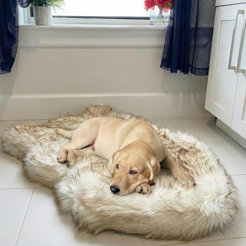 Faux Fur Orthopedic Dog Bed, Memory Foam, White w/Brown Tips 40"x25"