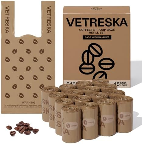VETRESKA Dog Poop Bags with Handles 240 Count, Coffee Scented Waste Bags