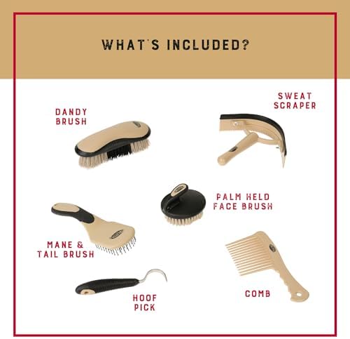 Weaver Equine 6-Piece Horse Grooming Kit, Ergonomic Gentle Horse Care Kit, Equestrian Supplies for Bathing Support, Detangling, and More, Black/Tan
