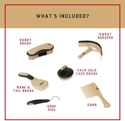 Weaver Equine 6-Piece Horse Grooming Kit, Ergonomic Gentle Horse Care Kit, Equestrian Supplies for Bathing Support, Detangling, and More, Black/Tan