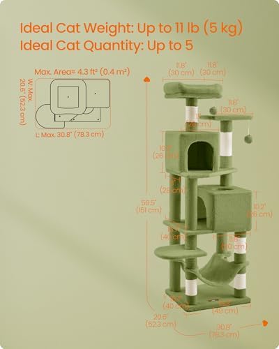 Feandrea Cat Tree, 59.5-Inch Tall Cat Tower, Multi-Level Condo, Grass Green