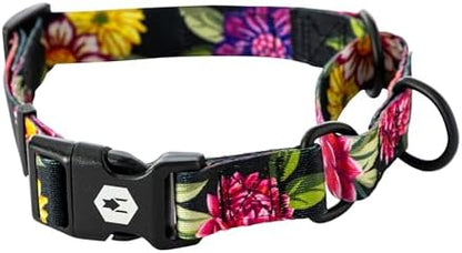 Wolfgang Heavy Duty Martingale Dog Collar with Quick Release Nylon Buckle for Walking & Training, DarkFloral Print, Large