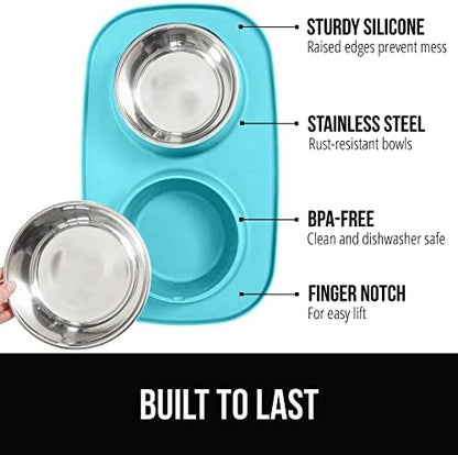 GORILLA GRIP Dog Bowl with Feeding Mat, 304 Stainless Steel 2 Cup Turquoise