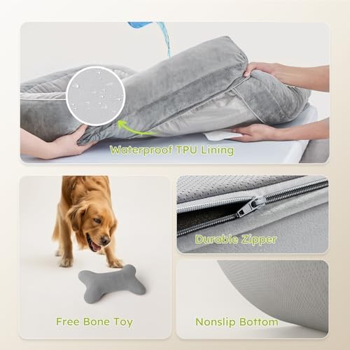 CWAWZ Jumbo Dog Beds for Extra Large Dogs, Orthopedic Dog Bed with Cooling Gel Memory Foam, Waterproof Pet Bed with Removable Washable Cover, 45" Pet Sofa Couch Velvet with Bone Toy, Light Gray