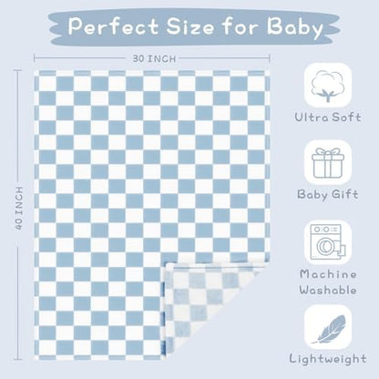Yurhap Checkered Baby Blanket Fleece Baby Blankets for Boys, Ultra Soft Cozy Fluffy Infant Toddler Newborn Receiving Blankets for Crib Stroller, 30''x40'', Blue