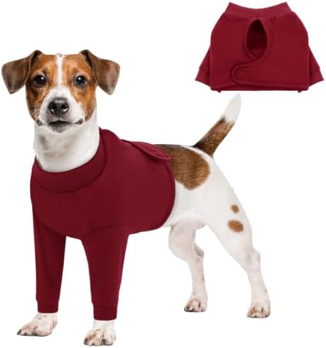 Queenmore Dog Leg Sleeve to Stop Licking, Alternative to Cone of Shame, After Surgery Dog Elbow Protector with Magic Tapes, Recovery Suit for Dogs, Burgundy, S