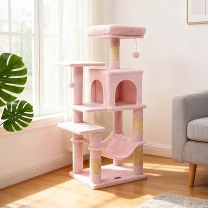 DORTALA Cat Tree for Indoor Cats, 44" Modern Cat Tower with Top Perch, Condo, Hammock, Sisal Scratching Posts, Dangling Balls, Platforms, Multi-Level Pet Climbing Furniture Playground (Pink)