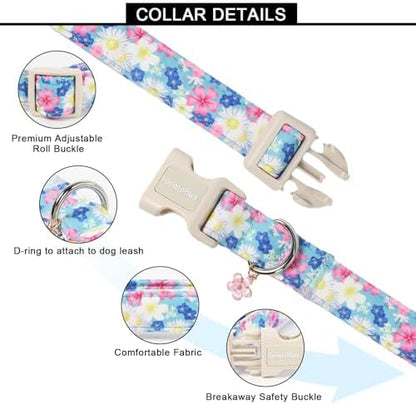 Lionet Paws Floral Dog Collar- Cute Spring Wildflowers Daisy Forget Me Not Dog Collars with Plastic Buckle,Light Adjustable Dog Collars for Medium Large Dogs