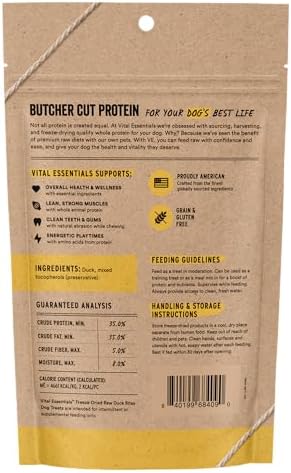 Vital Essentials Freeze Dried Dog Treats, Duck Bites, 2.0 oz Bag