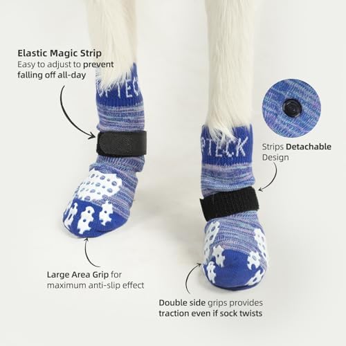 PUPTECK Anti-Slip Dog Socks with Double Sides Grips for Small Medium Large Dogs Hardwood Floors Prevents Licking, Dog Shoes for Hot Pavement Traction Control for Senior Dogs, Royal Blue, L