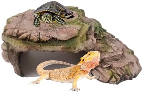 kathson Turtle Basking Platform Resin Bearded Dragon Hides and Caves with Ramp Reptile Resting Terrace Turtle Tank Decorations for Frogs,Tortoise,Lizard,Leopard,Crested Gecko