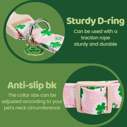 St Patrick's Pink Four-Leaf Clover Dog Collar for Medium Dogs