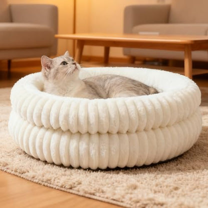 Cat Beds for Indoor Cats,Washable Round Donut Dog Bed(White, S)