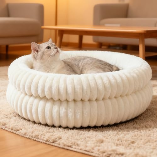Cat Beds for Indoor Cats,Washable Round Donut Dog Bed(White, S)