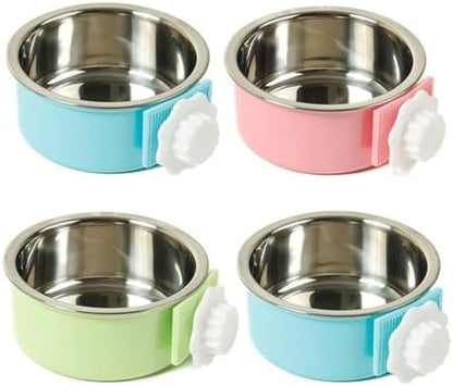 kathson Crate Dog Bowl, Removable Stainless Steel Hanging Pet Cage Bowl Food & Water Feeder Coop Cup for Cat, Puppy, Birds, Rats, Guinea Pigs (4 PCS, Size: L, 2×Blue,1×Pink,1×Green)