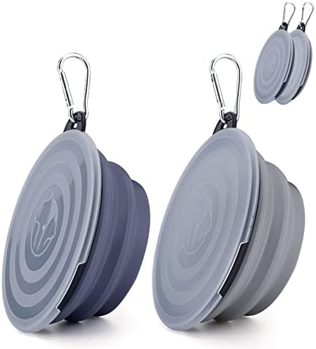 SLSON Dog Bowls Pet Collapsible Bowl with Cover Lids,2 Pack Dog Travel Bowls Portable Foldable Cat Water Dish Bowl for Pets Walking Parking Camping (Taro Purple and Concrete Gray, Small)