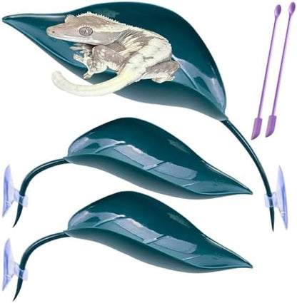5pcs Crested Gecko Tank Accessories, Wall Climbing Gecko,3pcs Grass Green Leaf Decorations and 2pcs Purple Feeding Spoons,Gecko Tank Accessories for Reptile Terrariums
