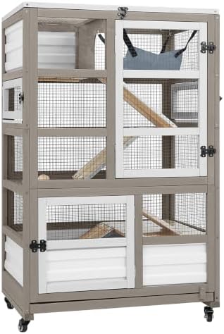 PetsCosset Guinea Pig Cages Hamster Cage Indoor 5-Level Small Animals Wooden Habitat with 8 Doors, Ramp Divider,Hideout House, Pull Out Tray