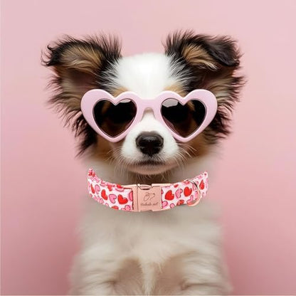 Valentines Dog Collar, Pink Heart Print Girl Dog Collars, Cute Valentine Puppy Collars, Adjustable Heavy Duty Pet Collar for Small Medium Large Dogs with Metal Buckle M