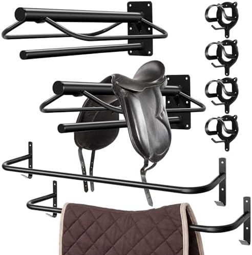 Paterr 8 Pack Horse Tack Storage Rack, Include 2 Saddle Holders, 4 Wall Mounted Bridle Hooks and 2 Blanket Bars, Detachable Heavy Duty Stable Metal Tack Organizer for Barn Stable Rack Room