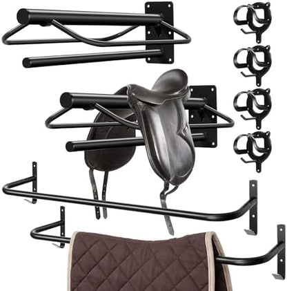 Paterr 8 Pack Horse Tack Storage Rack, Include 2 Saddle Holders, 4 Wall Mounted Bridle Hooks and 2 Blanket Bars, Detachable Heavy Duty Stable Metal Tack Organizer for Barn Stable Rack Room