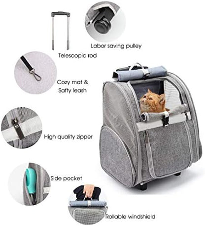 Lollimeow Pet Rolling Carrier, Dog Backpack with Wheels,Cats,Puppies Travel Bag with Wheels,Dog Trolley(Grey)
