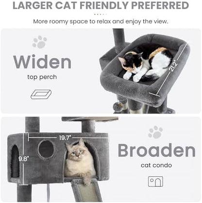 SHA CERLIN 65in Larger Cat Tree Tower Condo for Indoor Kitties/Multi-Level Furniture Activity Center with Wide Base/Cozy Plush Cat Perches/Baskets/Sisal Scratching Posts and Hammock/Grey