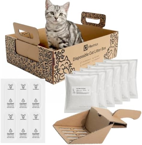 Cat Litter Travel Kit with Flushable Clumping Litter, Foldable Disposable Cardboard Litter Box & Scoop, Portable Cat Travel Essentials for Road Trips, Hotels, Moving & Emergency Use