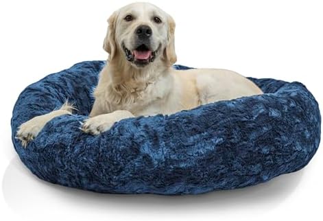 Best Friends by Sheri The Original Calming Donut Dog Bed for Large Dogs up to 100 lbs, Lux Faux Fur, Navy Blue, 36" x 36"