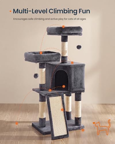 SONGMICS HOME Cat Tree, Cat Tower with Cat Cave, Scratching Ramp, Sisal Scratching Posts, Multi-Level Cat Condo for Indoor Cats, Dark Gray