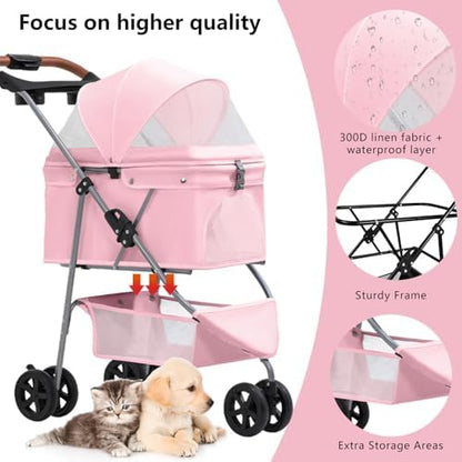 Pet Stroller for Small/Medium Dogs and Cats, Foldable 3 Wheel Jogger,One-Click Fold,Breathable Mesh, Storage Basket,Cup Holder,Weather Cover,(Pink)