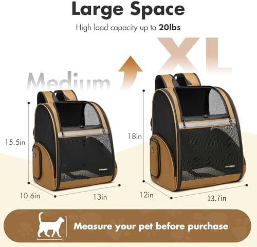 Pet Backpack Carrier, Large Cat Carrier Backpack Up to 20 Lbs with Breathable Mesh, for Medium Large Cats or Small Dogs, Travel Hiking Camping Backpack (Brown-XL)