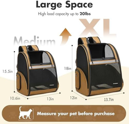 Pet Backpack Carrier, Large Cat Carrier Backpack Up to 20 Lbs with Breathable Mesh, for Medium Large Cats or Small Dogs, Travel Hiking Camping Backpack (Brown-XL)