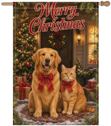 Christmas Pet House Flag 28x40 Inch Merry Holiday Golden Retriever Orange Cat Red Bows Tree Gifts Snowy Farmhouse Outdoor Yard Lawn Porch Double Sided Banner Welcome Decor