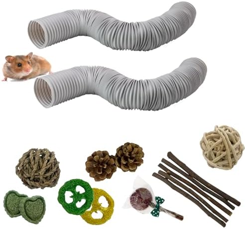 2 PCS Hamster Fun Plastic Tunnels,Hamster Collapsible Plastic Tube, Cage Tunnels with Chew Toy,Training Hideout for Guinea Pigs Guinea Pigs, Chinchillas, Rats, Gerbils (Grey)