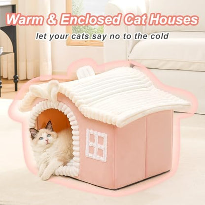Jiupety Rabbit Cat Houses for Indoor Cats, Chimney Cute Cat Bed Cave, Enough Interior Space, Cartoon Soft Pet House Up to 3-10 lbs Kitten, Pink