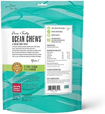 The Honest Kitchen Ocean Chews Wolffish Skins Dog Treats, Human Grade Single Ingredient Dehydrated Fish Dog Chews for Medium and Large Dogs, High Protein Rawhide Alternative for Skin Coat, 6 oz Pouch