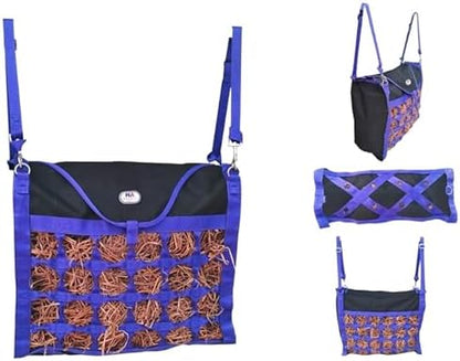 Majestic Ally Animal Health Hay Bag for Horses, 2.5" Holes, Top Load, Travel Feeder, Reduces Waste, 1 Year Warranty, Multiple Colors (Royal Blue-Black)