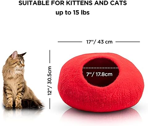Woolygon Premium Felt Cat Cave Bed – Wool Kitty Beds Handcrafted Kitten Caves Bed for Indoor Cats - Made from Merino Wool, Foldable Cat Hideaway Covered Cat House Pod (Red Plain)