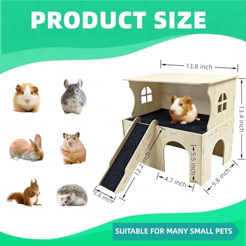 Large Wooden Guinea Pig Hideout Castle, 2-Story Guinea Pig House Bed & Hut with Stairs & Platform, Small Animal Habitat for Hamsters Rabbits Chinchillas, Easy Assembly