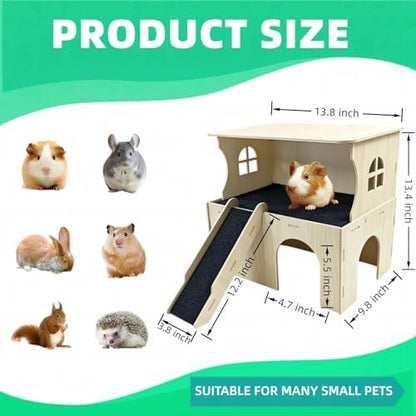 Large Wooden Guinea Pig Hideout Castle, 2-Story Guinea Pig House Bed & Hut with Stairs & Platform, Small Animal Habitat for Hamsters Rabbits Chinchillas, Easy Assembly