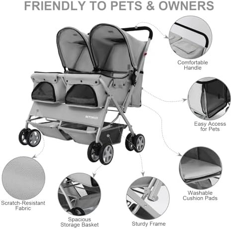 Double Pet Stroller for 2 Small Dogs & Cats, Side-by-Side Twin Travel Carriage with Safety Leashes, Mesh Windows & Double Storage Baskets, Lightweight & Foldable, 44lbs Capacity, Gray