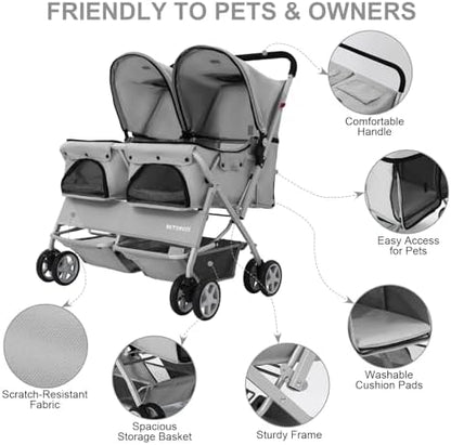 Double Pet Stroller for 2 Small Dogs & Cats, Side-by-Side Twin Travel Carriage with Safety Leashes, Mesh Windows & Double Storage Baskets, Lightweight & Foldable, 44lbs Capacity, Gray