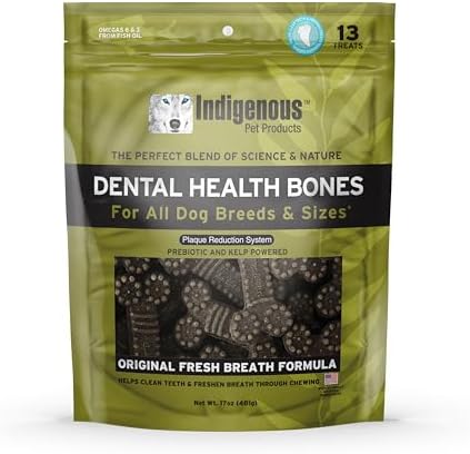 Indigenous Pet Dental Health Bones - Original Fresh Breath (17 oz) | Grain-Free Dog Dental Chews with Prebiotics & Omegas | Cleans Teeth, Freshens Breath & Supports Digestion