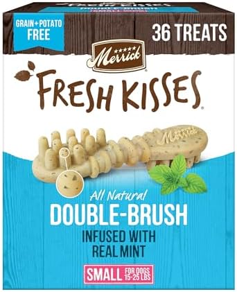 Merrick Fresh Kisses Natural Dental Chews, Toothbrush Treat Shape Infused With Real Mint, Small Dogs 15-25 Lbs - 36 ct. Box