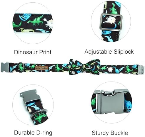 Cool Black Dinosaur Print Dog Collar with Bow for X-Large Dogs