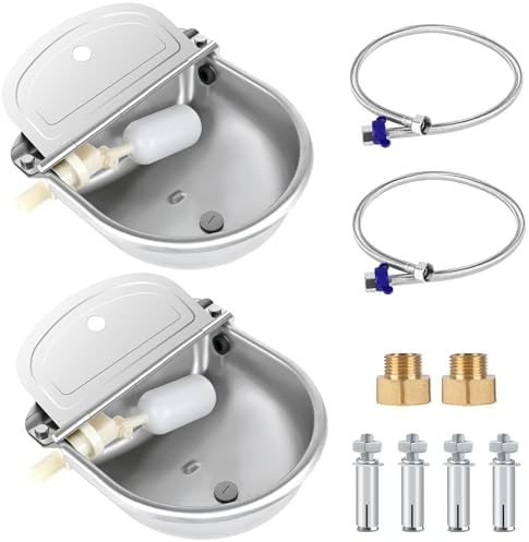 ToLanbbt 2PCS Automatic Animal Dispenser Horse Water Bowl with Float Valve Stainless Steel Goat Waterer Feeder Outside Water Trough for Livestock Auto Fill Dog Water Bowl with 1/2" Hose, Drainage Hole